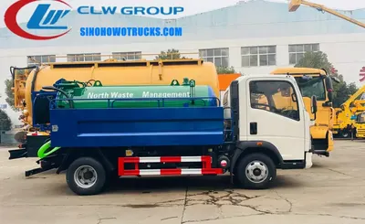 Side view of the HOWO sewer jetting truck showing the high-pressure hose reel and suction inlet