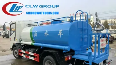 Rear view of the HOWO mini water tanker showing working platform, gravity valve, and spray system