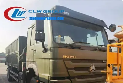 Side view of the HOWO truck crane showing the 360 degree slewing mechanism and high-strength steel structure