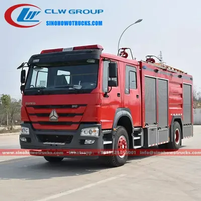 Rear view of the HOWO fire tender showing the pump room, gauges, and control panel