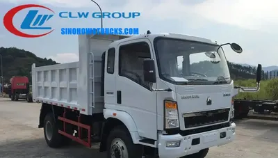 Front view of the HOWO 4x2 dump truck with power steering and large front wheels