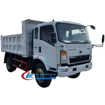 Sinotruk HOWO 8 ton forward dump truck with hydraulic lift body in red, parked on a gravel site