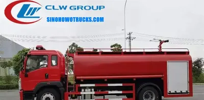 Sinotruk HOWO 8000 litre fire water tender truck in fire service red with roof-mounted PL24 monitor