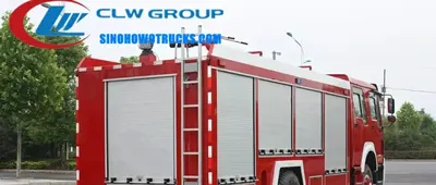 Rear view of the HOWO fire truck showing the pump compartment and control panel