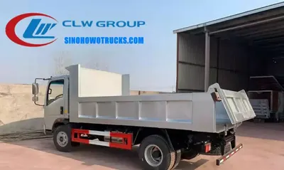 Side view of the HOWO mini 3 cube dump truck showing the 9.00R20 tyres and power steering