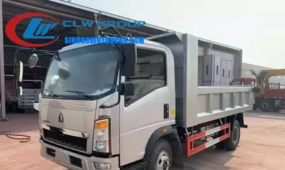 Rear view of the HOWO tipper lorry with hydraulic lift cylinder and side dump mechanism