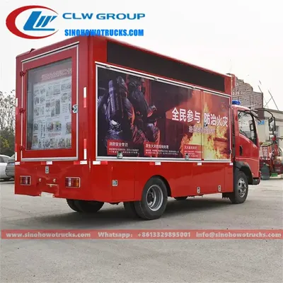 Side view of the HOWO mini fire LED advertising vehicle showing the hydraulic lift system and aluminum floor