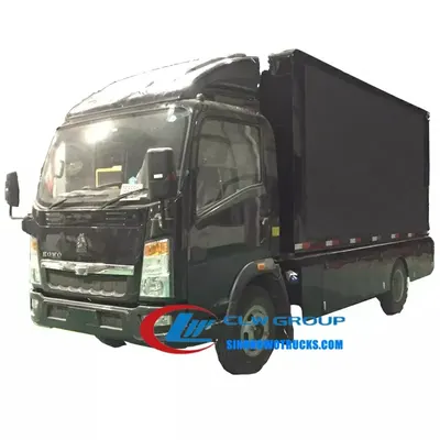 Side view of the mobile LED advertising truck showing full-color P5 screen and hydraulic lift mechanism