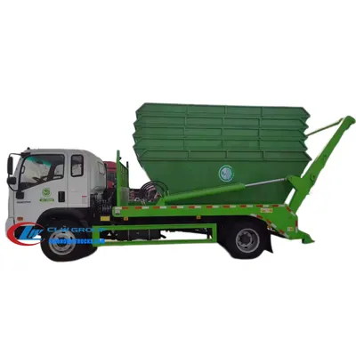 Side view of the mini skip loader showing the high strength steel swing arm and detachable skip container