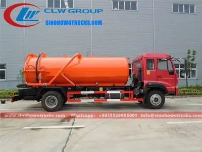 Rear view of the Steyr septic tank truck showing the 10 m³ carbon steel tank and discharge valve
