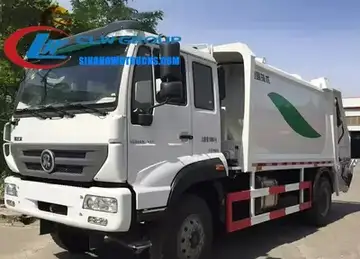 Sinotruk Steyr 12m3 garbage collection truck in urban waste collection service with arc-shaped compactor body and rear loading platform raised