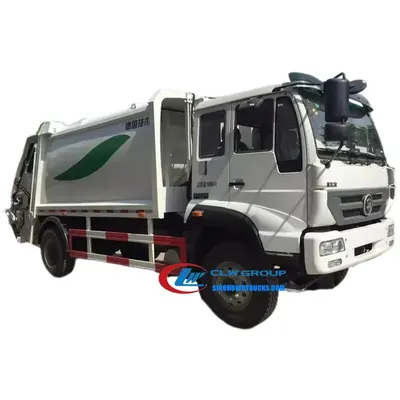 Rear view of the 12m3 waste compactor truck with lifting platform lowered and pressing plate in position