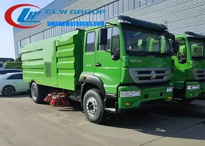 Rear view of the HOWO vacuum sweeper with debris discharge chute open