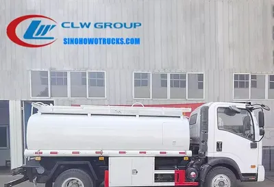 Side view of the 8cbm fuel tanker showing aluminum manhole cover and breather valve