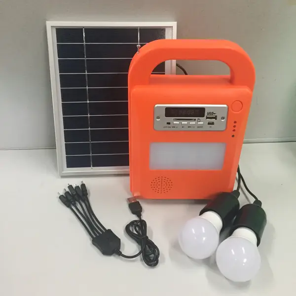 Finished solar home system unit with panel, hub lamps and charging cable.