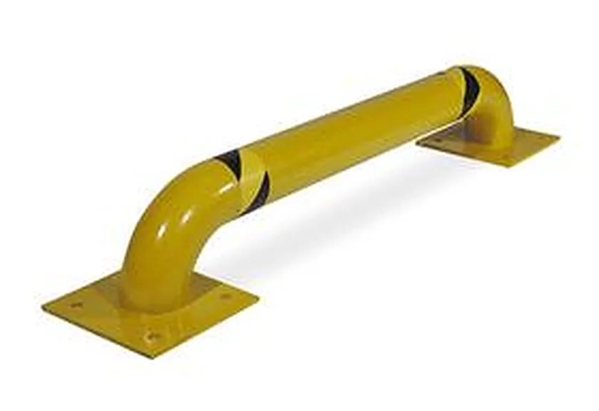 Low profile curved yellow steel bollard rail with two floor flanges