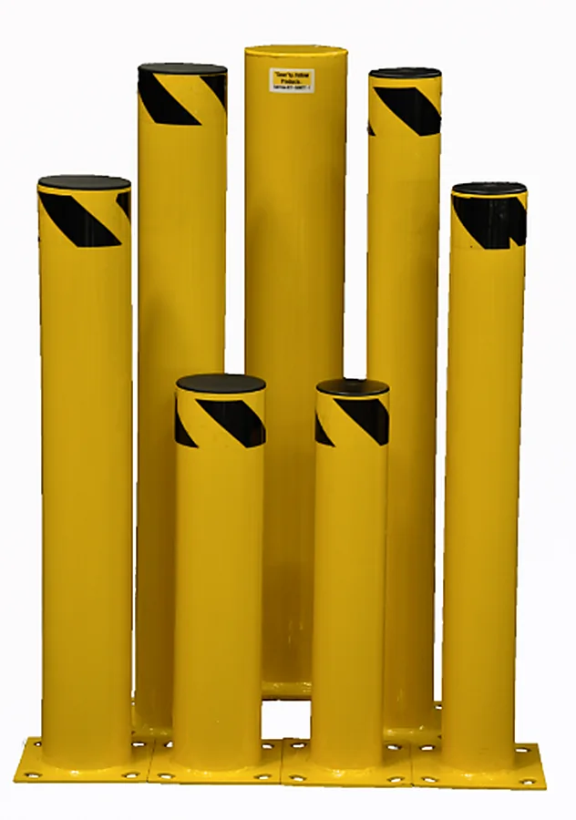 Range of yellow steel safety bollards with black chevron bands and bolt-down base plates