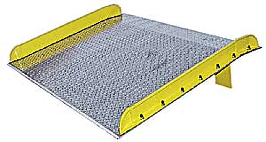 Aluminium dock board with a diamond tread deck and yellow steel safety curbs