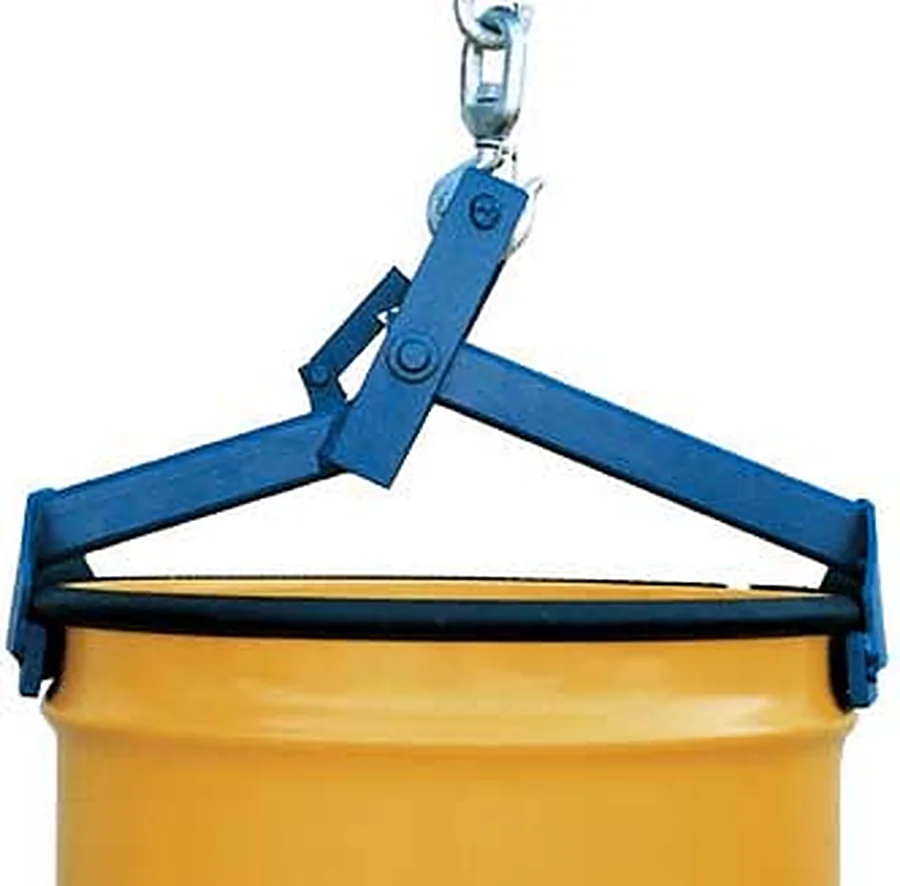 Blue steel drum clutcher lifting a sealed steel drum by its rim