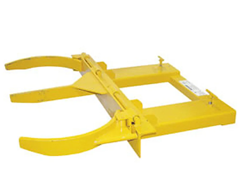 Yellow fork mounted drum grab with hinged folding arms