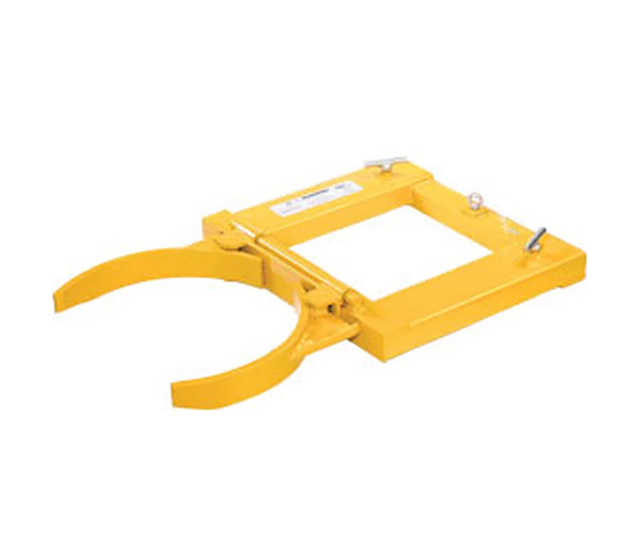 Yellow fork mounted drum grab seen from the fork pocket side