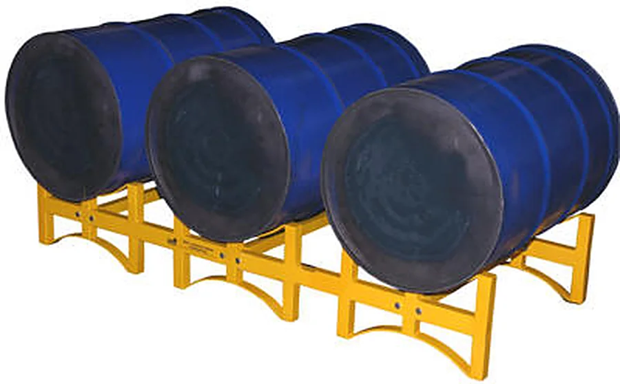 Stackable drum rack holding three horizontal steel drums