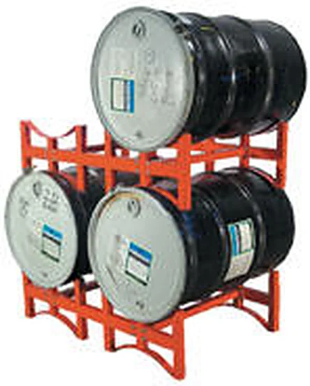 Two stackable drum racks stacked with steel drums on both levels