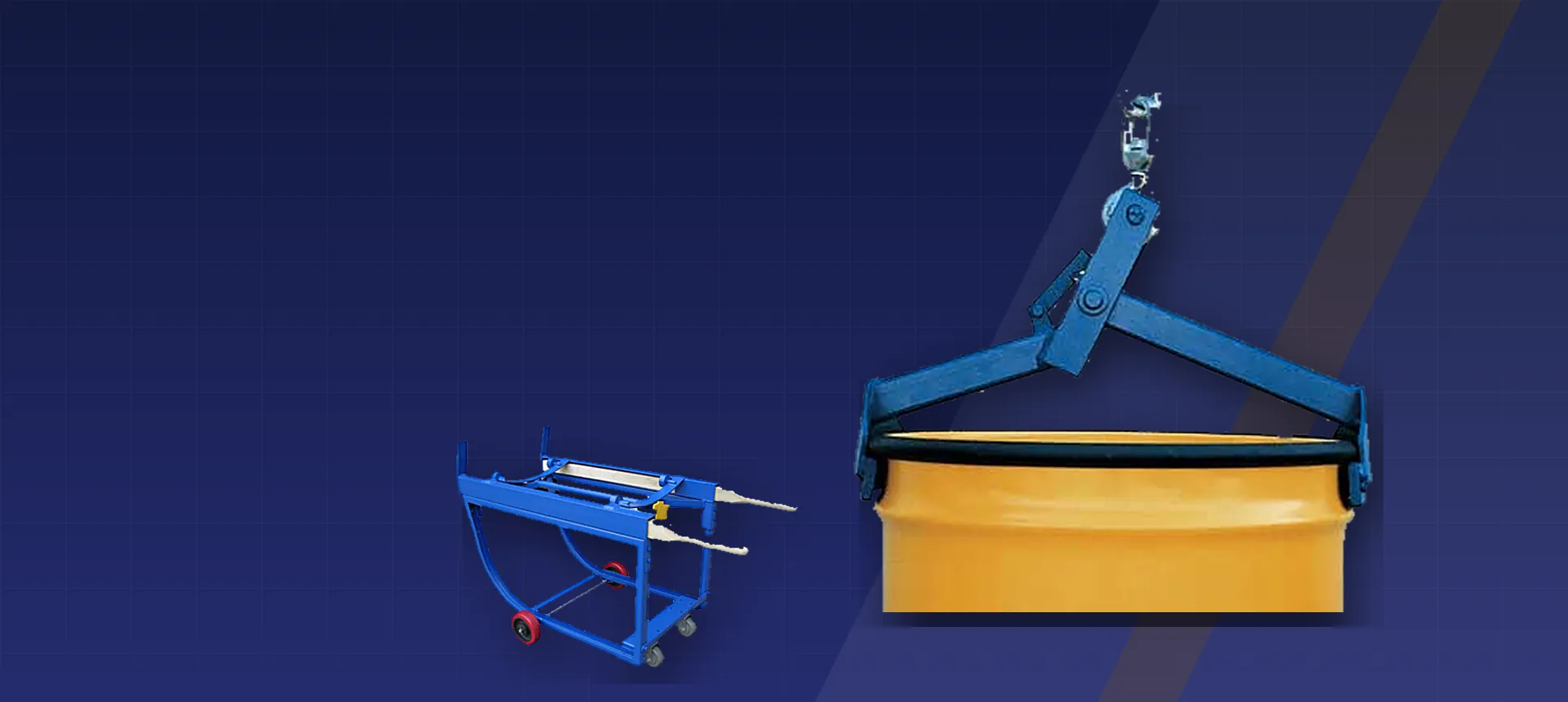Blue drum clutcher lifting a steel drum beside a rotating drum cart