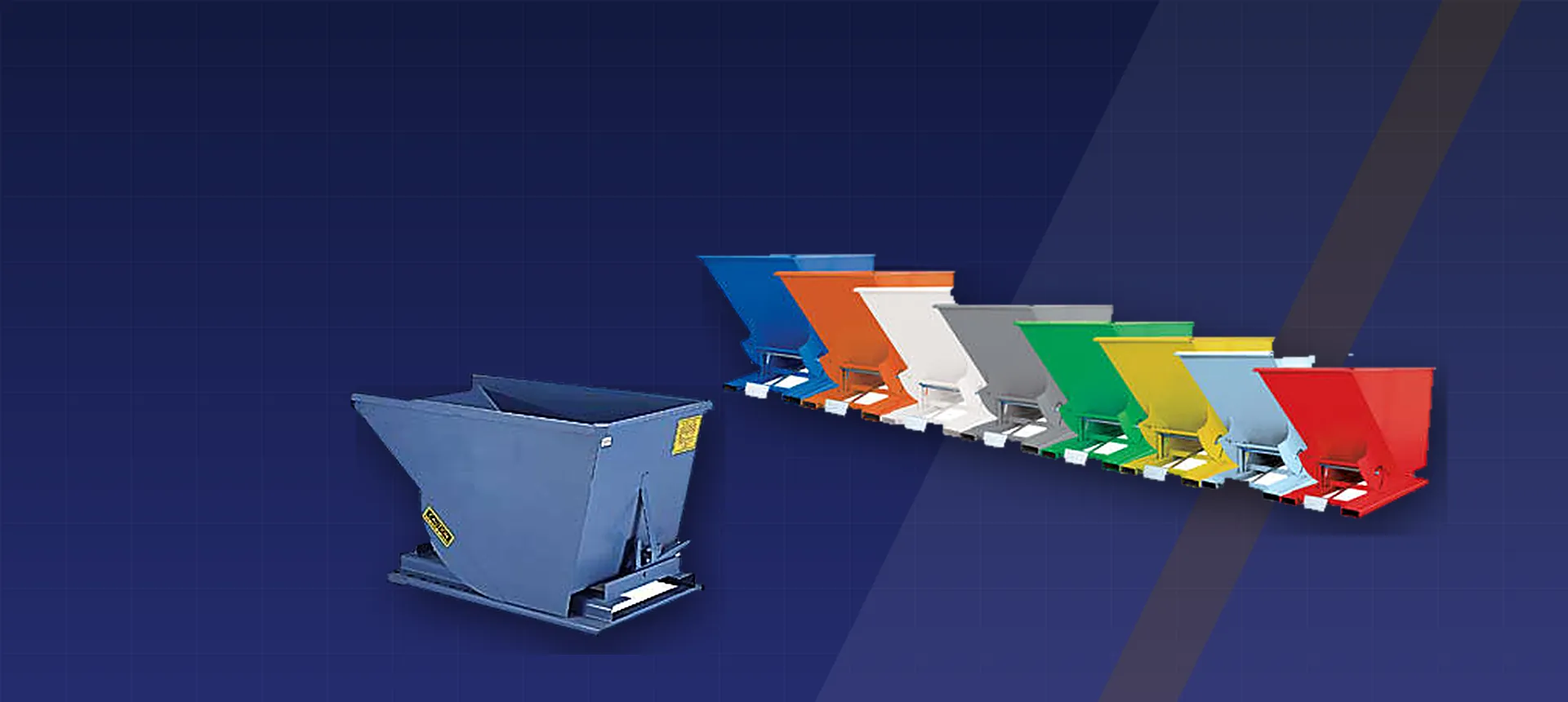 Steel self-dumping forklift hoppers in eight standard colours beside a blue heavy duty hopper