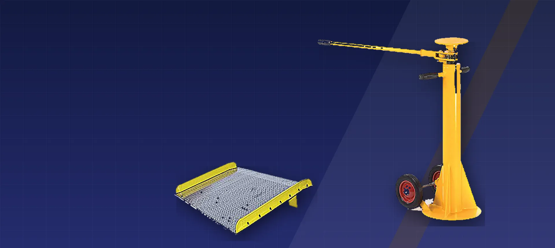Yellow wheeled trailer stabilising jack beside an aluminium dock board