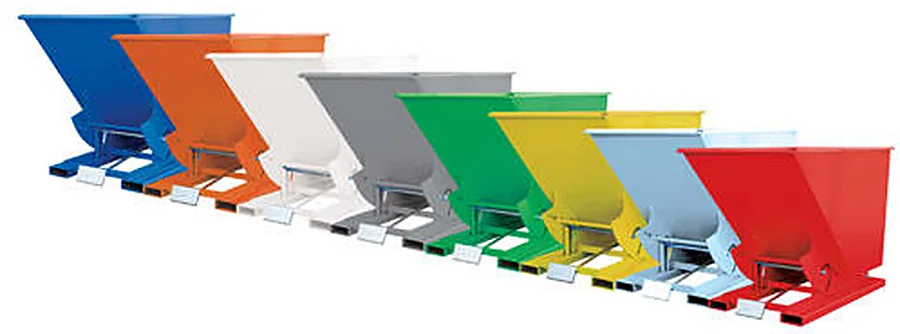 Steel self-dumping hoppers lined up in eight standard paint colours