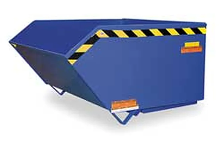 Low profile steel self-dumping hopper with hazard striped rim