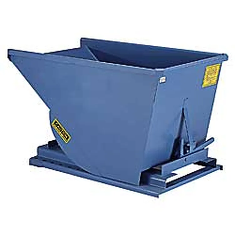Blue steel self-dumping forklift hopper with fork pockets and release lever