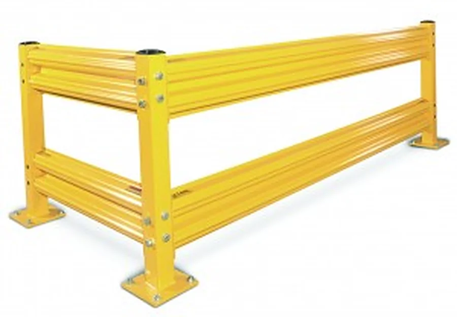 Yellow two-rail steel machine guard with bolt-down posts
