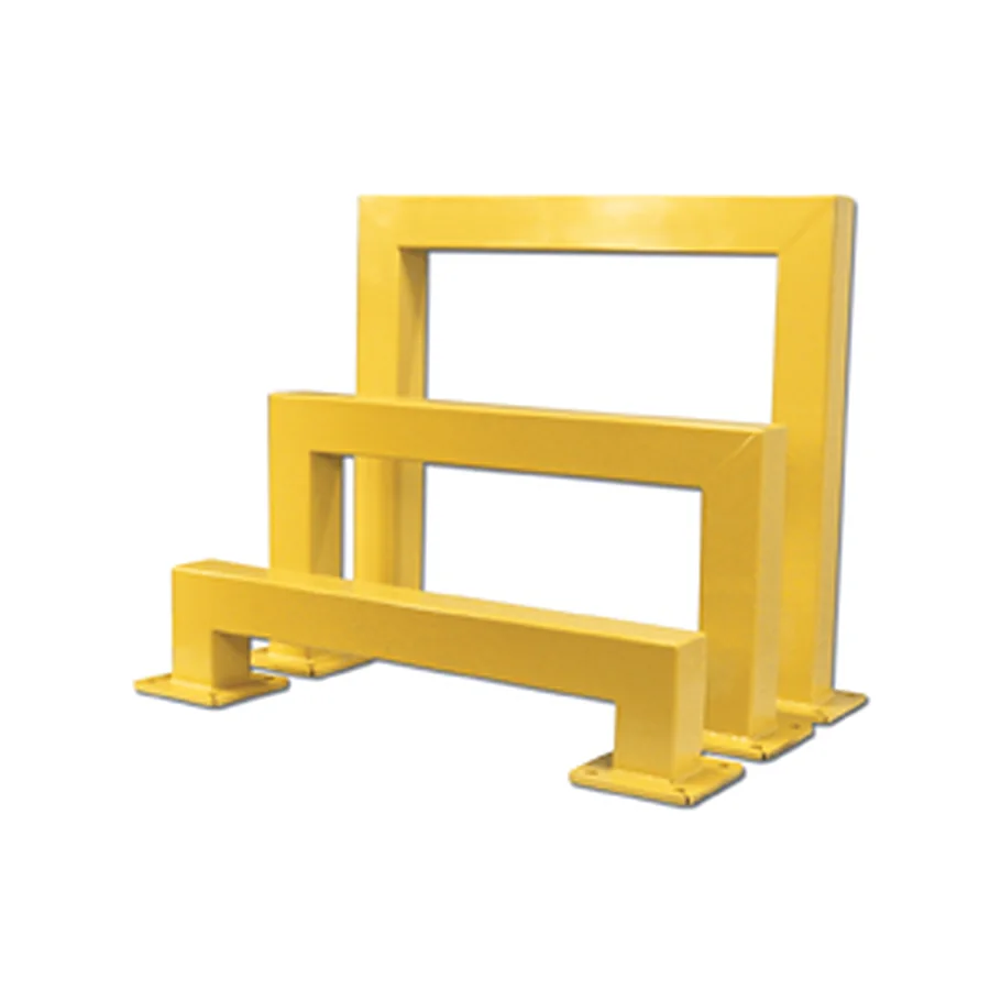 Yellow steel rack guard frame with two horizontal rails and bolt-down feet