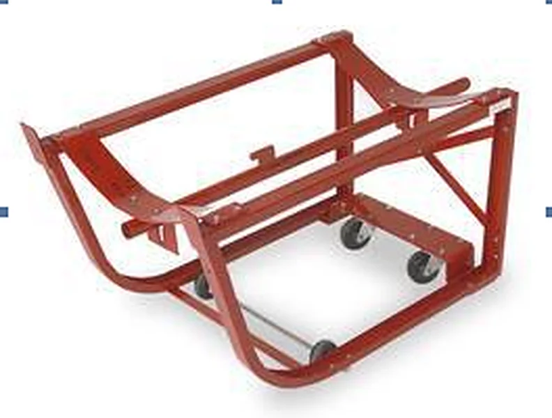 Red rotating drum cart frame showing the cradle and axle assembly