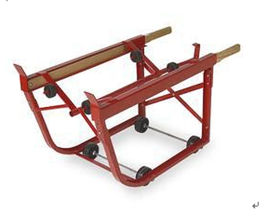 Red rotating drum cart with cradle arms and steel handle