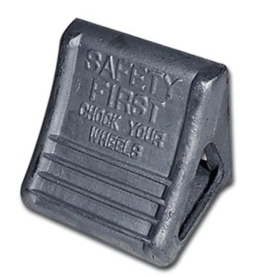 SL-WC-02 cast iron wheel chock with Safety First Check Your Wheels cast into the face