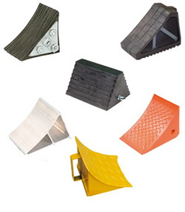 Range of rubber and steel truck wheel chocks shown together