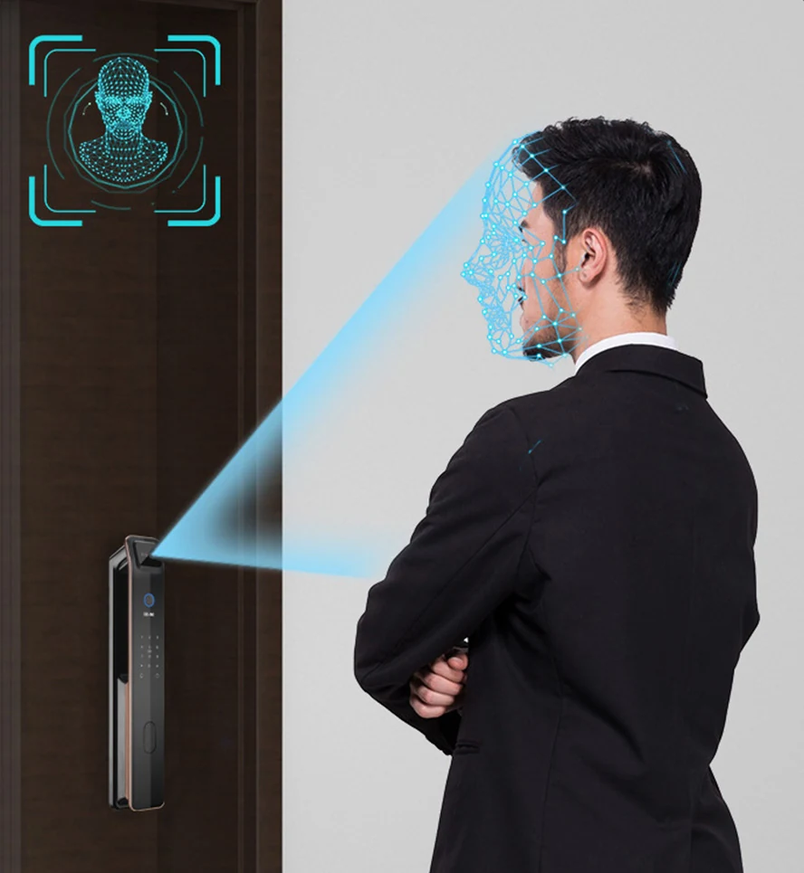 Ostuyad 3D face recognition smart lock scanning a user at a door