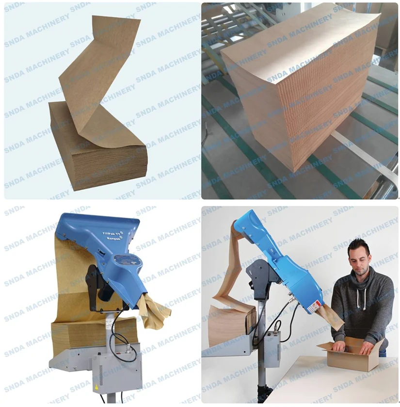 Fanfolded kraft paper sheets stacked on a conveyor after perforation and folding