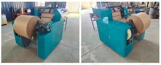 Side-by-side view of a teal industrial paper rewinding machine with a large brown roll mounted