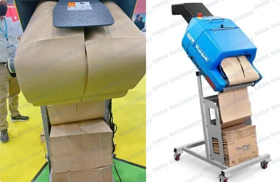 Split image showing a cardboard box being processed by a blue industrial machine, with the machine standing on a wheeled frame