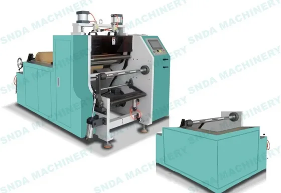 Teal industrial slitting and rewinding machine with control panel and two machine sections on white background