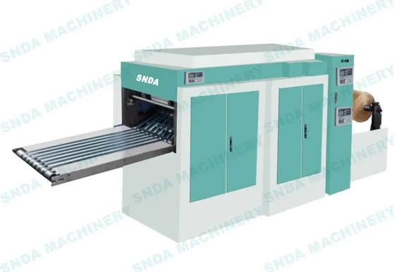Teal and white industrial packaging machine with roller conveyor, control panels and paper roll on white background
