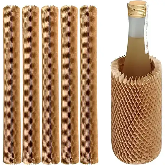 Five brown honeycomb paper wrap sleeves beside one wrapped around a glass bottle on a white background