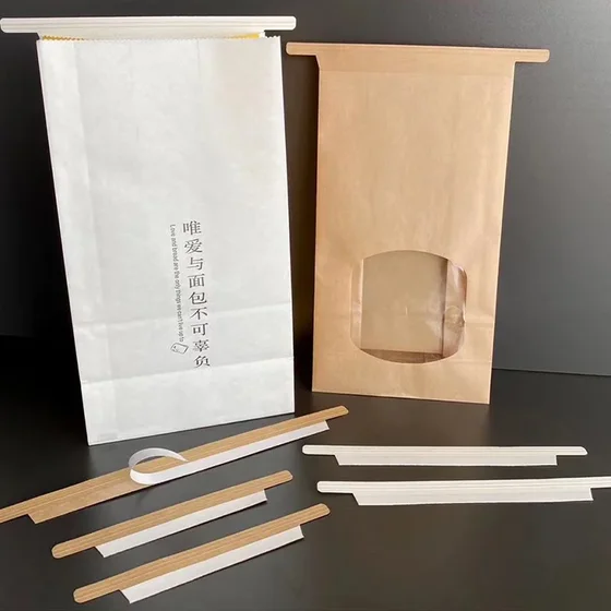 White and brown paper bags with wooden top seals and separate seal strips on a dark surface