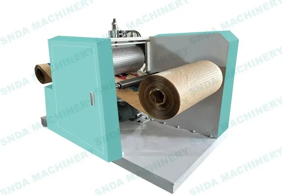 Teal industrial kraft paper roll machine with perforated roller on white background