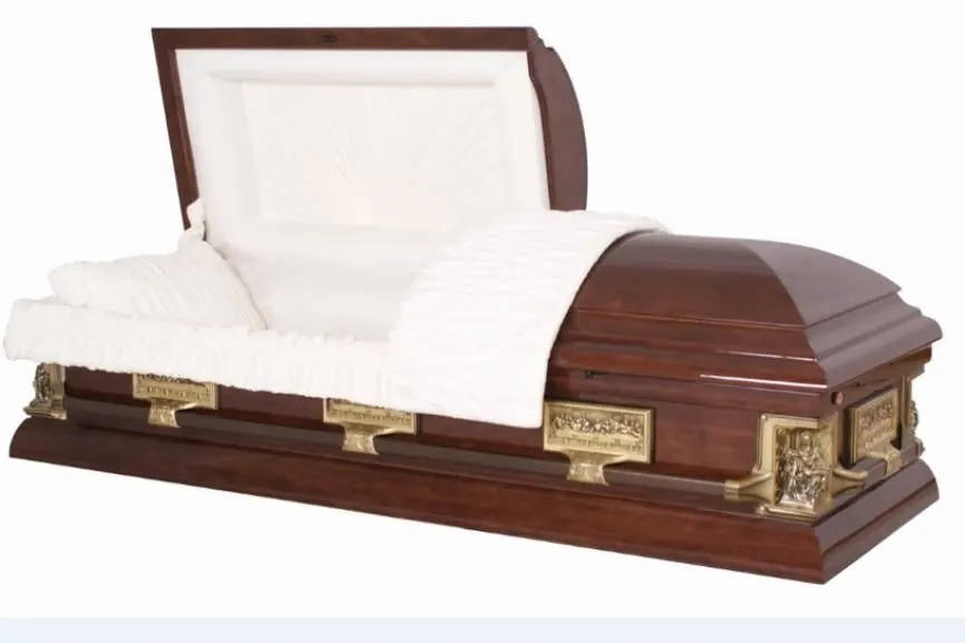 Almond Crepe Wooden Caskets SWC07 Equips Metal Casket Corner Nice Shape view 1