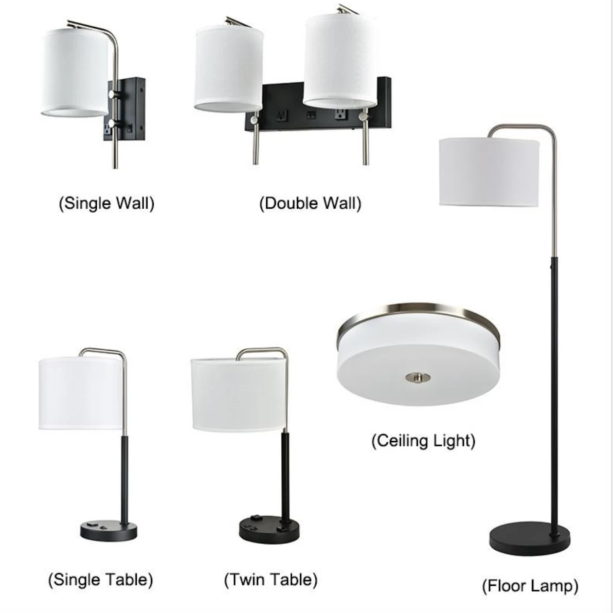 Guest room lighting set showing single wall double wall table floor and ceiling configurations